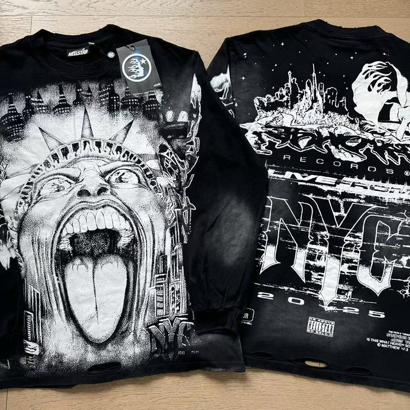 Hellstar Distressed Black Graphic Long-Sleeve T-Shirt — context