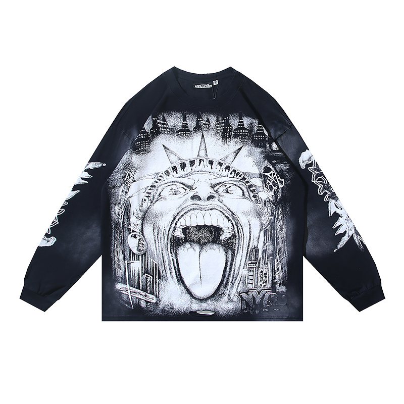 Hellstar Distressed Black Graphic Long-Sleeve T-Shirt — front