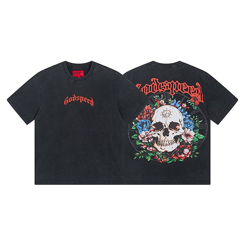 Godspeed Washed Black Skull Floral Graphic T-Shirt — hero
