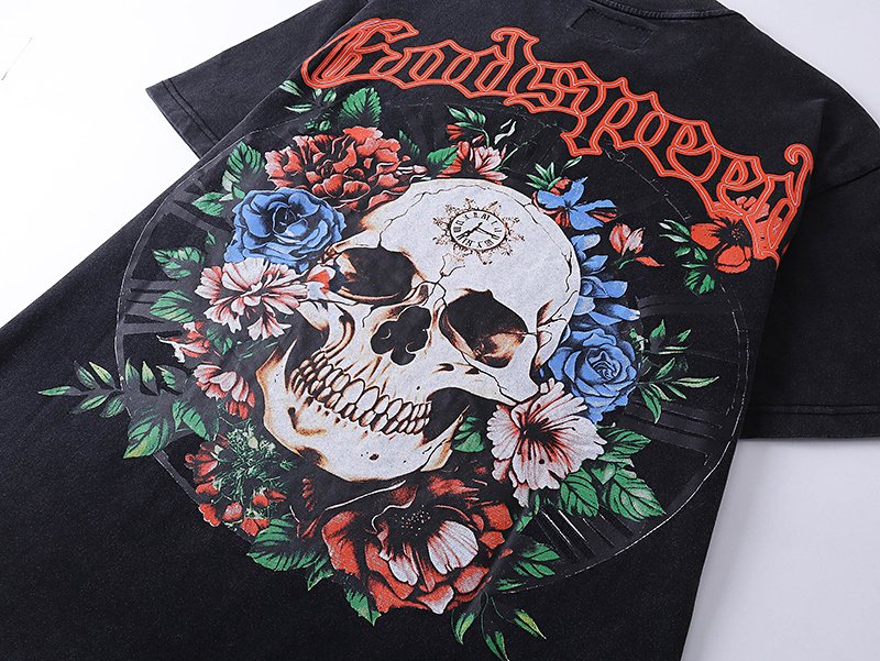 Godspeed Washed Black Skull Floral Graphic T-Shirt — detail