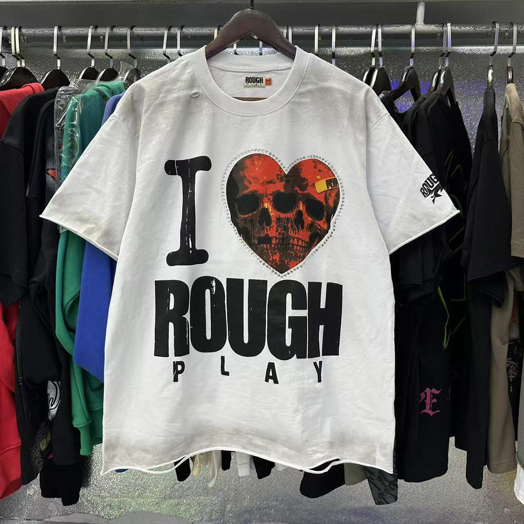 Rough Play Heart Skull Distressed Graphic T-Shirt — context
