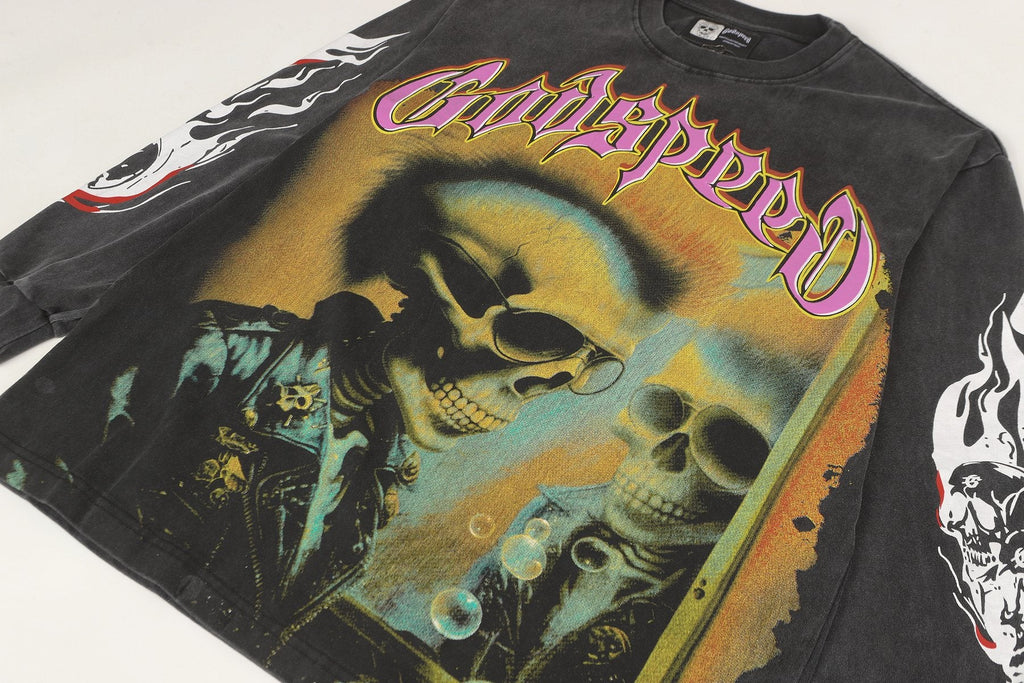 Godspeed Skeleton Graphic Washed Black Long-Sleeve T-Shirt — detail
