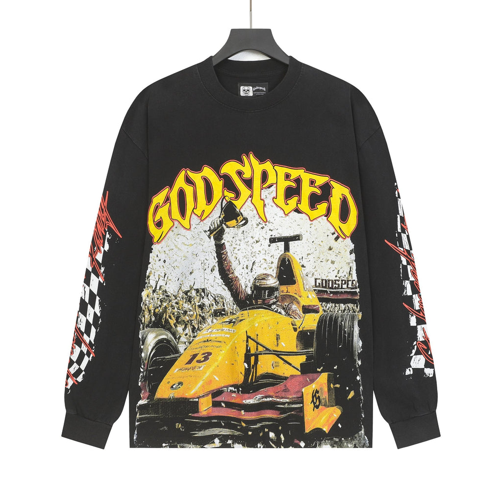 Godspeed Washed Black Racing Graphic Long-Sleeve T-Shirt — hero