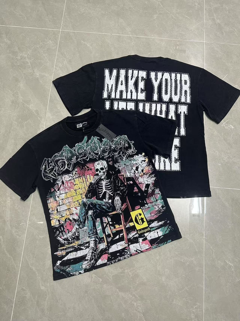 Godspeed Skeleton Graffiti Graphic T-Shirt — context