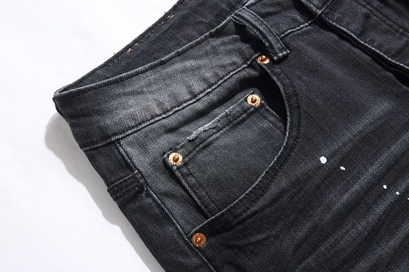 Purple Brand Black Paint Splatter Distressed Jeans — detail