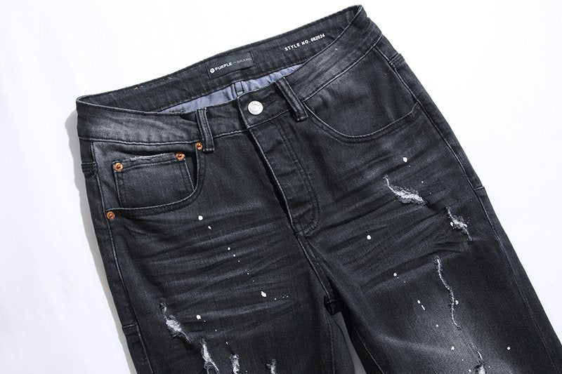 Purple Brand Black Paint Splatter Distressed Jeans — detail