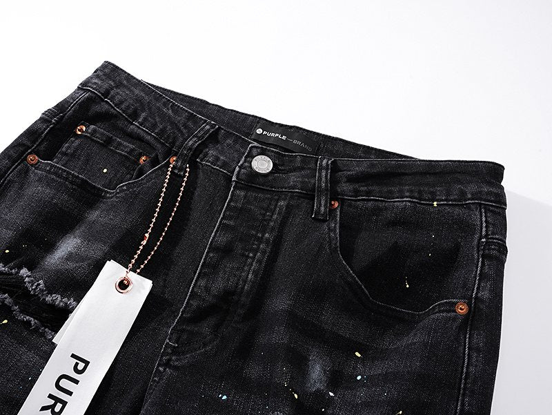Purple Brand Black Paint-Splatter Distressed Jeans — detail