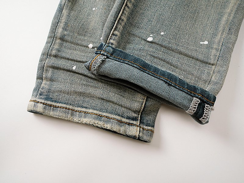 Purple Brand Light Blue Distressed Paint Splatter Jeans — detail