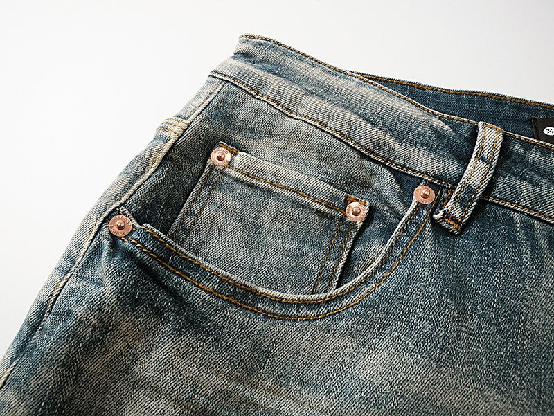 Purple Brand Light Blue Distressed Paint Splatter Jeans — detail