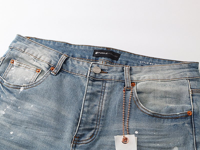 Purple Brand Light Blue Paint-Splatter Distressed Flared Jeans — detail