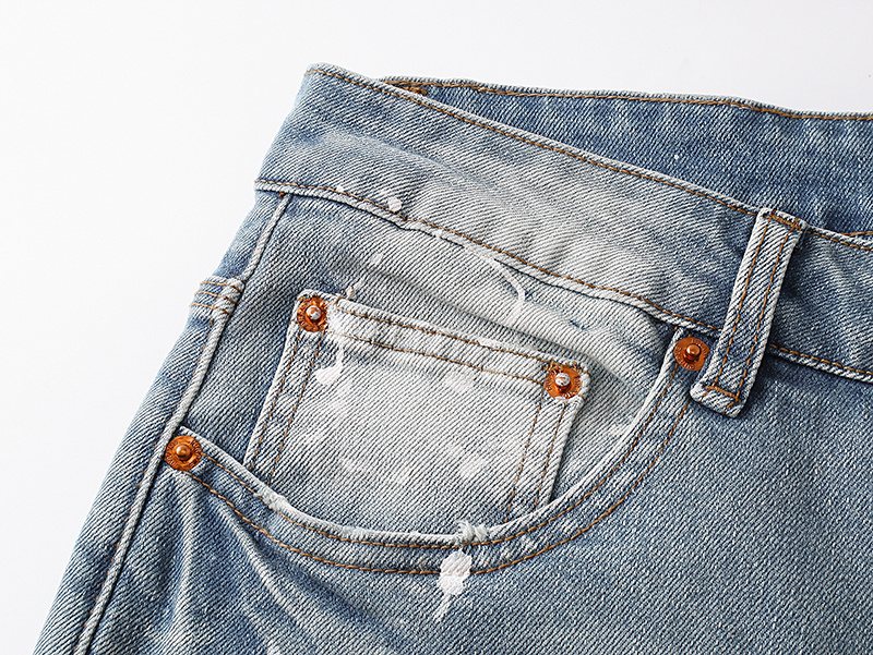 Purple Brand Light Blue Paint-Splatter Distressed Flared Jeans — detail
