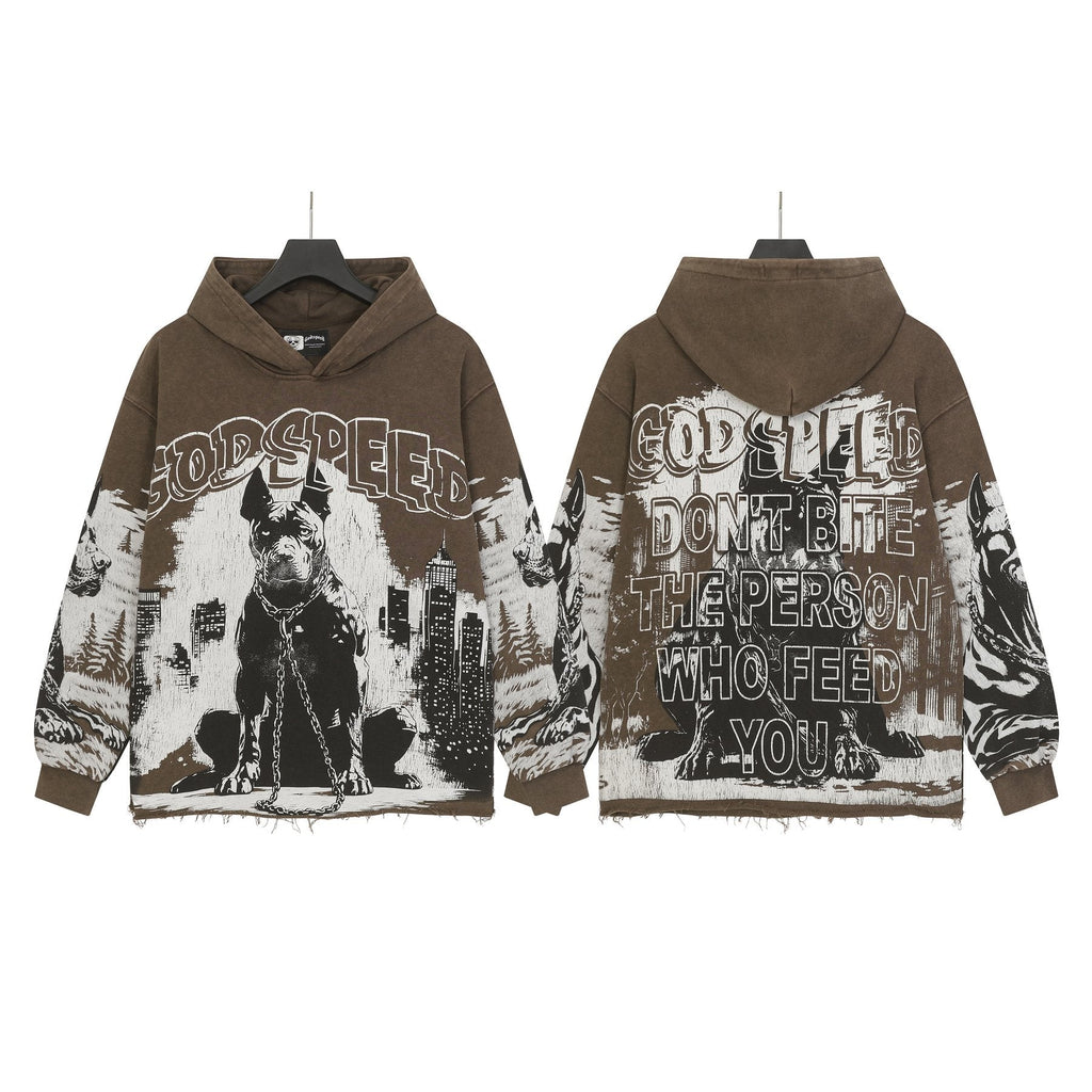 Godspeed Dog & City Graphic Raw-Hem Hoodie — front