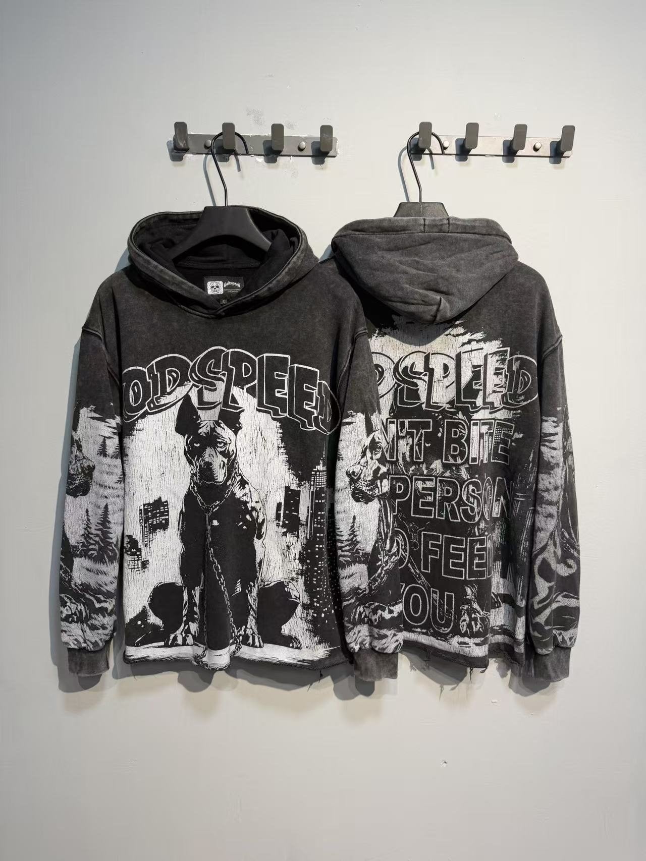 Godspeed Dog & City Graphic Raw-Hem Hoodie — context
