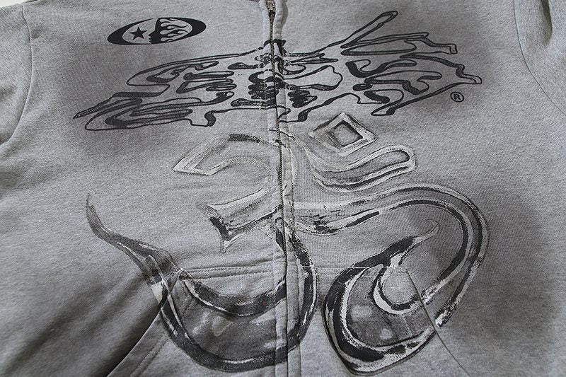 Hellstar Washed Gray Zip-Up Graphic Hoodie — detail