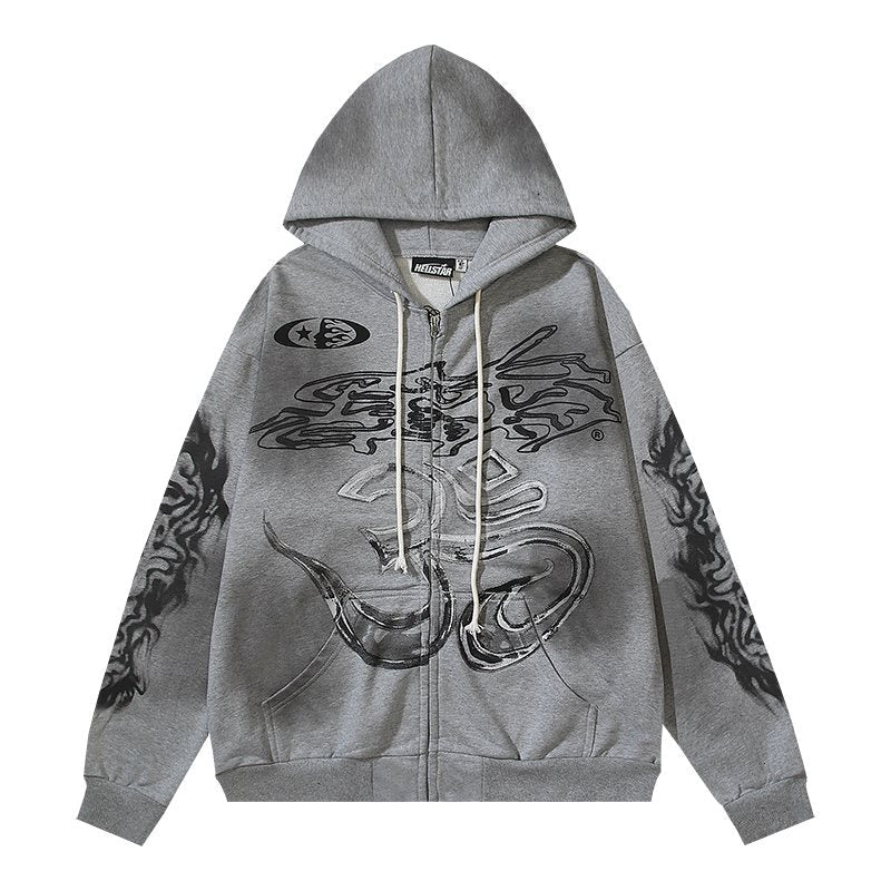 Hellstar Washed Gray Zip-Up Graphic Hoodie — front
