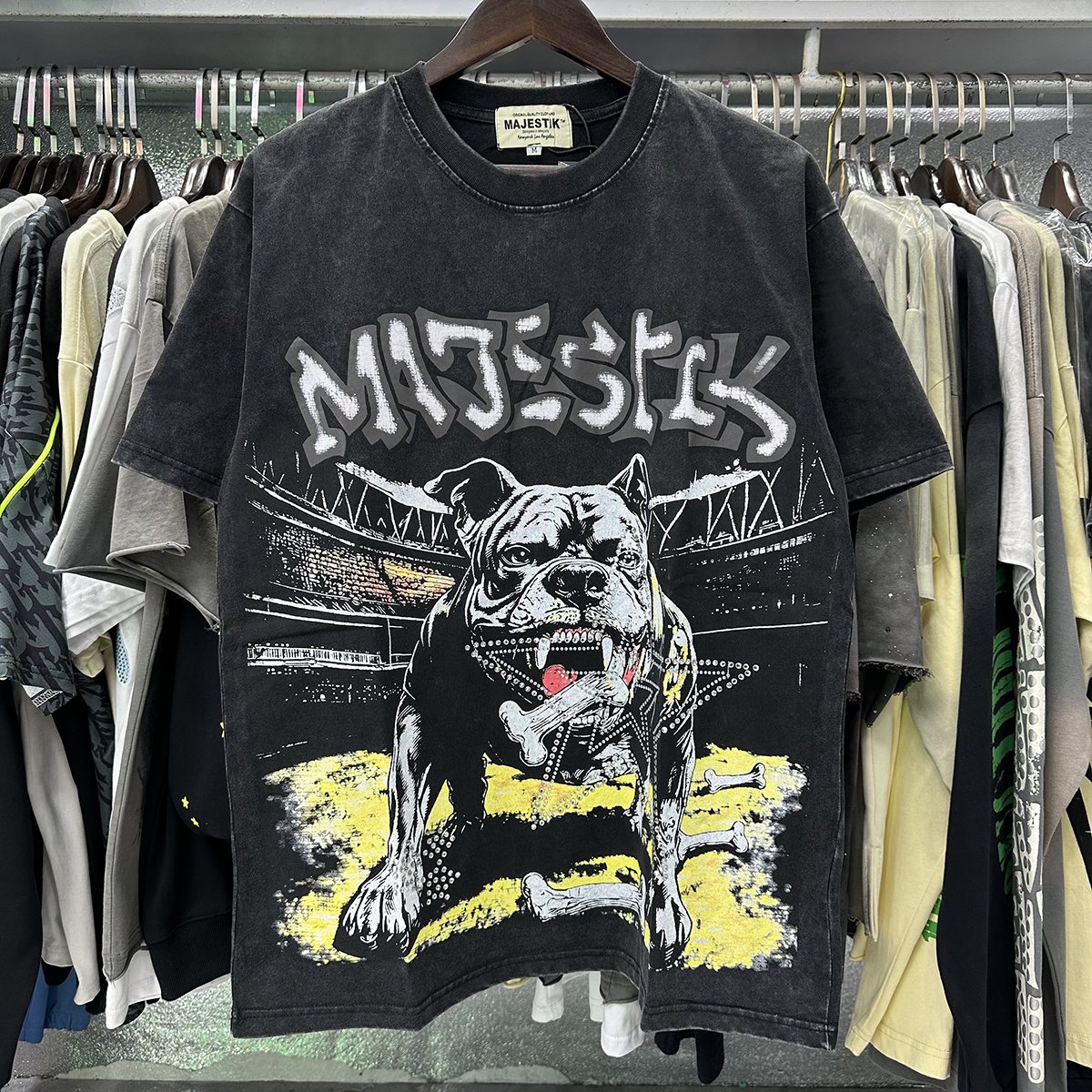 MAJESTIK Bulldog Rhinestone Graphic Cropped T-Shirt — context