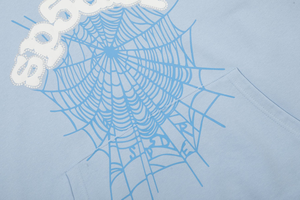 Sp5der Light Blue Spiderweb Hoodie & Sweatpants Matching Set — detail