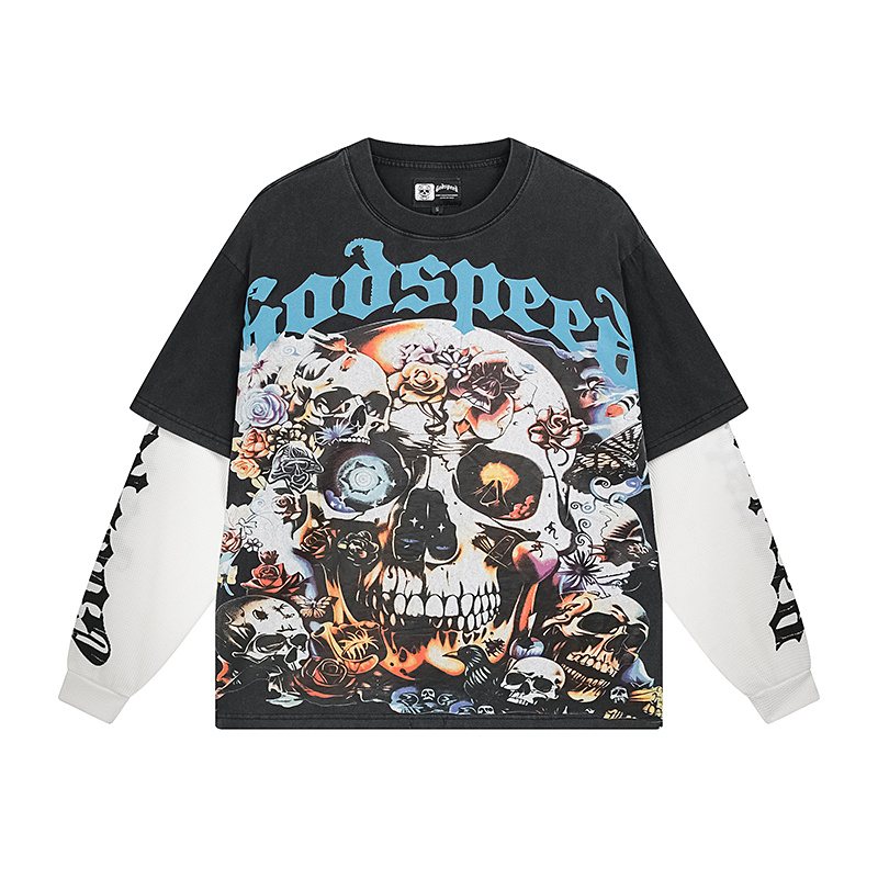 Godspeed Skull Floral Layered-Look Long-Sleeve T-Shirt — hero