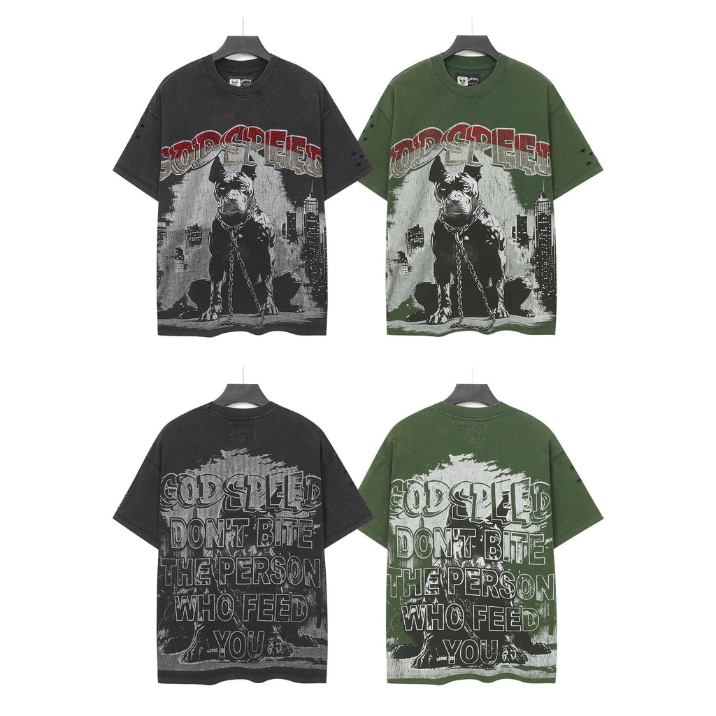 Godspeed Dog Graphic Distressed Sleeve T-Shirt — comparison