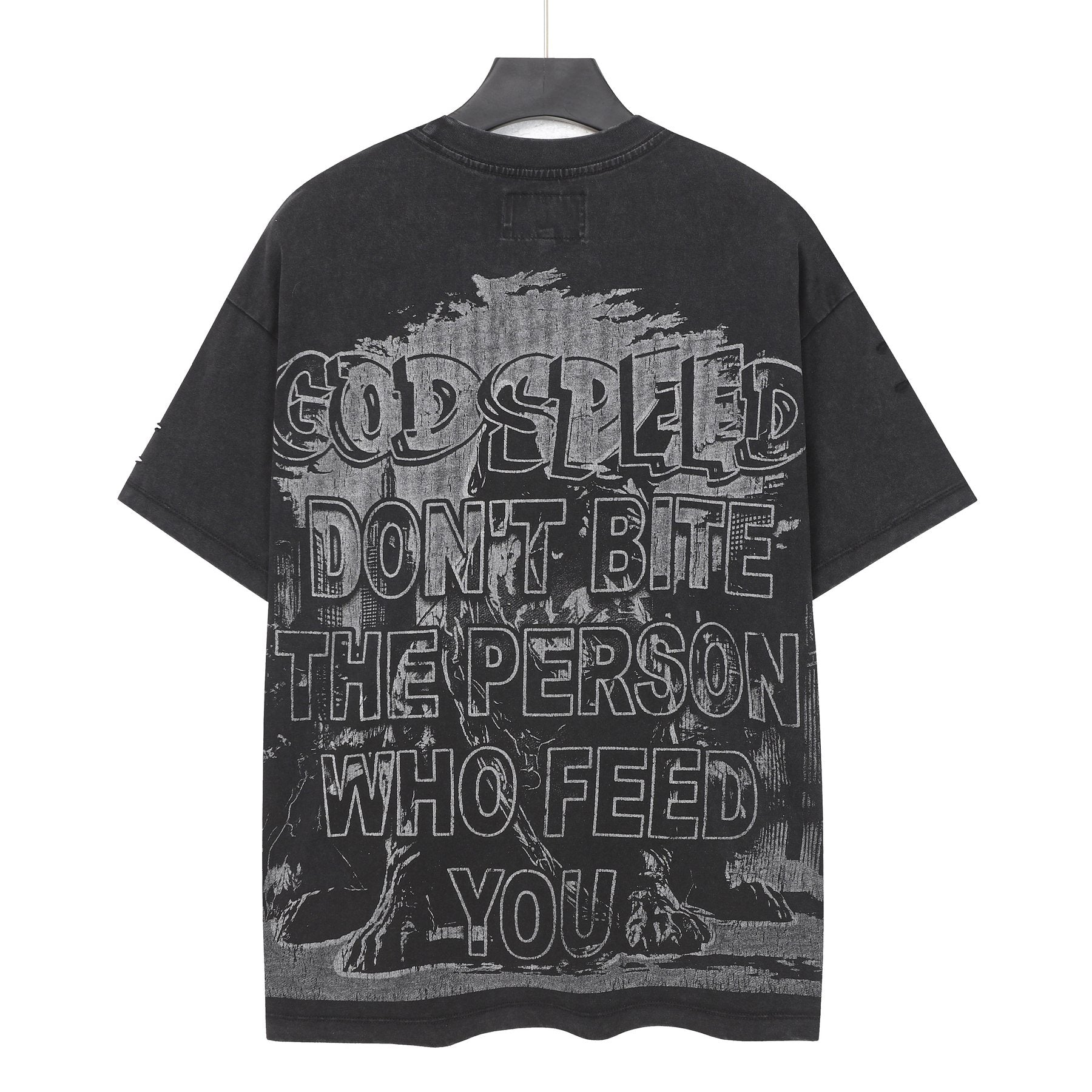 Godspeed Dog Graphic Distressed Sleeve T-Shirt — back