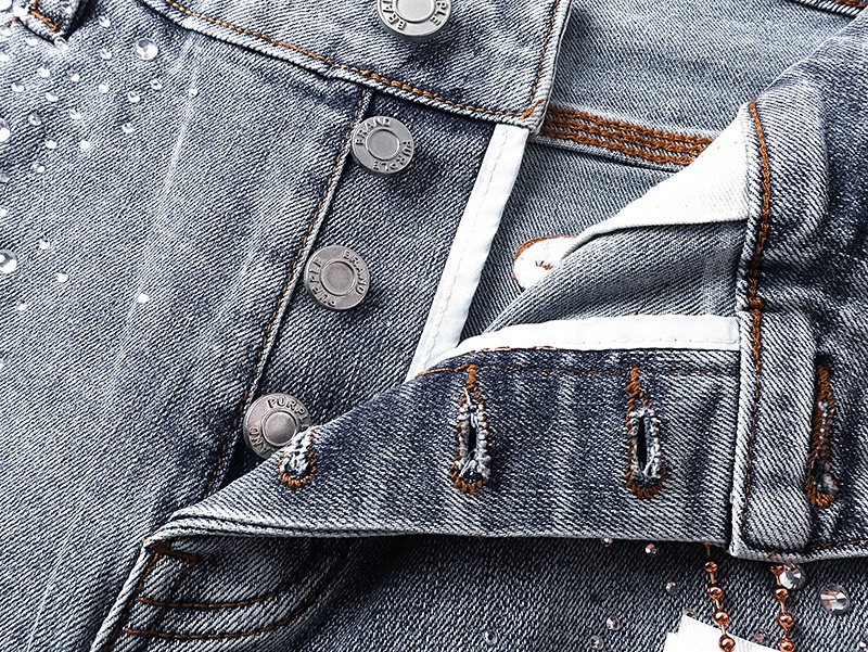 Purple Brand Rhinestone Light Wash Denim Shorts — detail