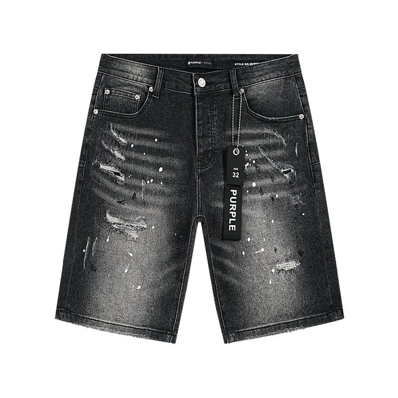 Purple Brand Distressed Paint-Splatter Denim Shorts — hero
