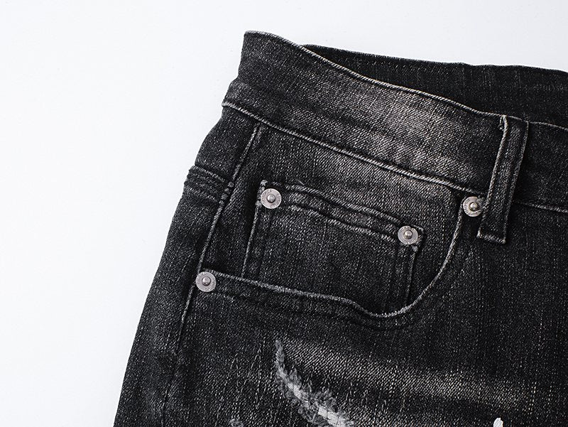 Purple Brand Distressed Paint-Splatter Denim Shorts — detail