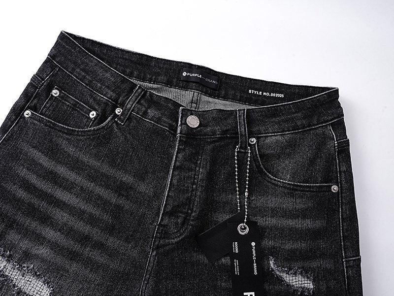 Purple Brand Washed Black Distressed Denim Shorts — detail