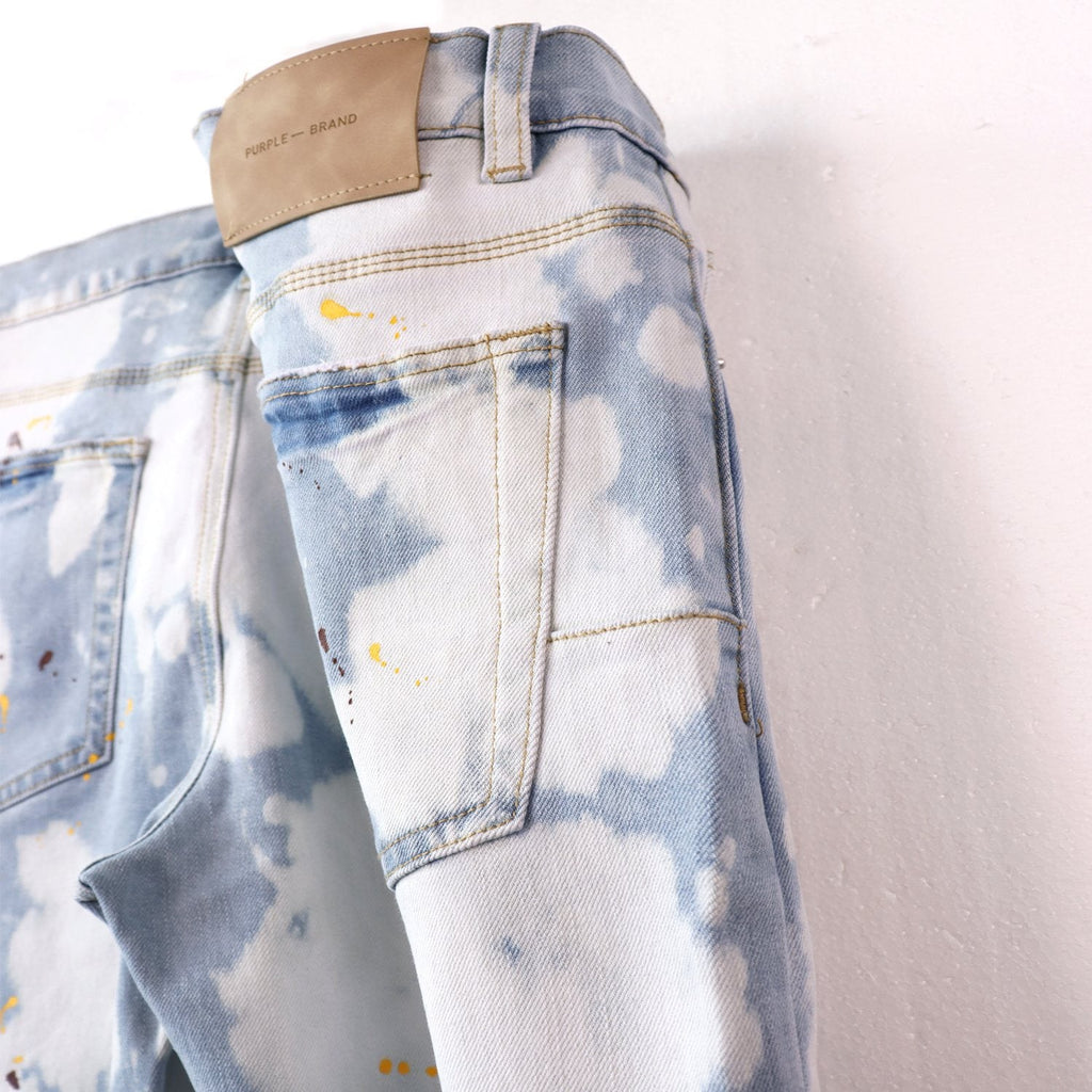 Purple Brand Light Blue Bleached Paint Splatter Skinny Jeans — detail