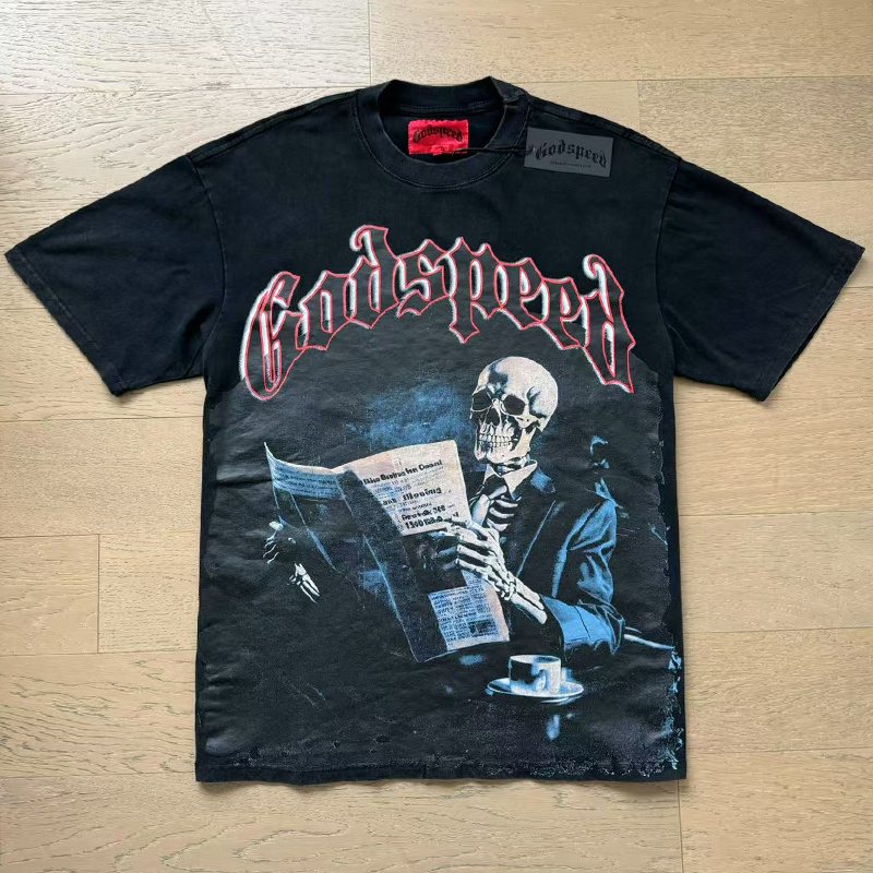 Godspeed Washed Black Skull Newspaper Graphic Short-Sleeve T-Shirt — front