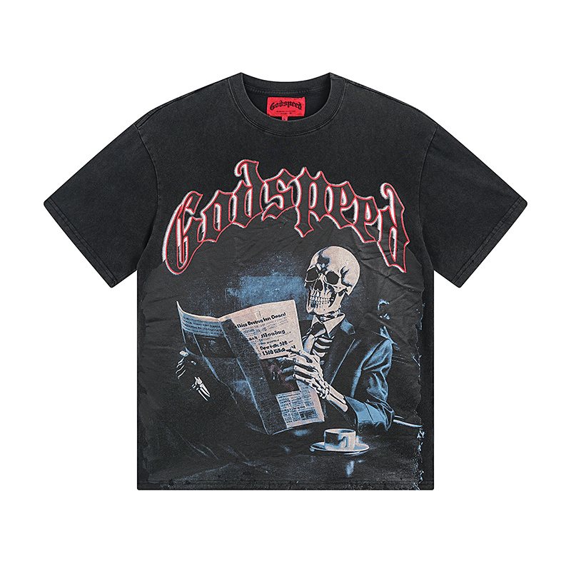 Godspeed Washed Black Skull Newspaper Graphic Short-Sleeve T-Shirt — hero
