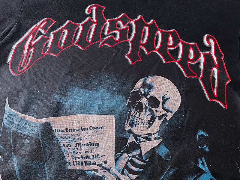 Godspeed Washed Black Skull Newspaper Graphic Short-Sleeve T-Shirt — detail