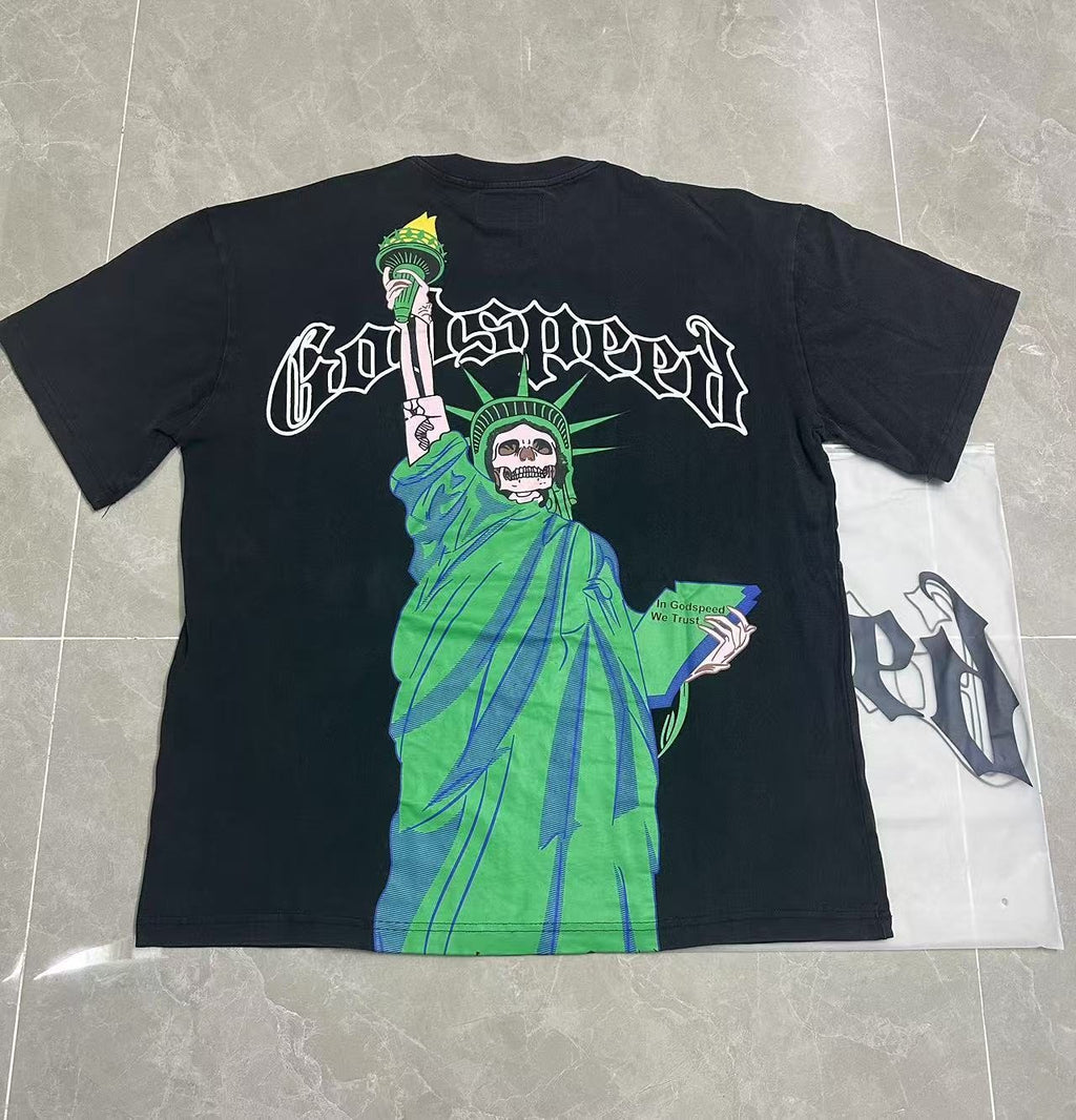 Godspeed Statue of Liberty Skull Graphic T-Shirt — front