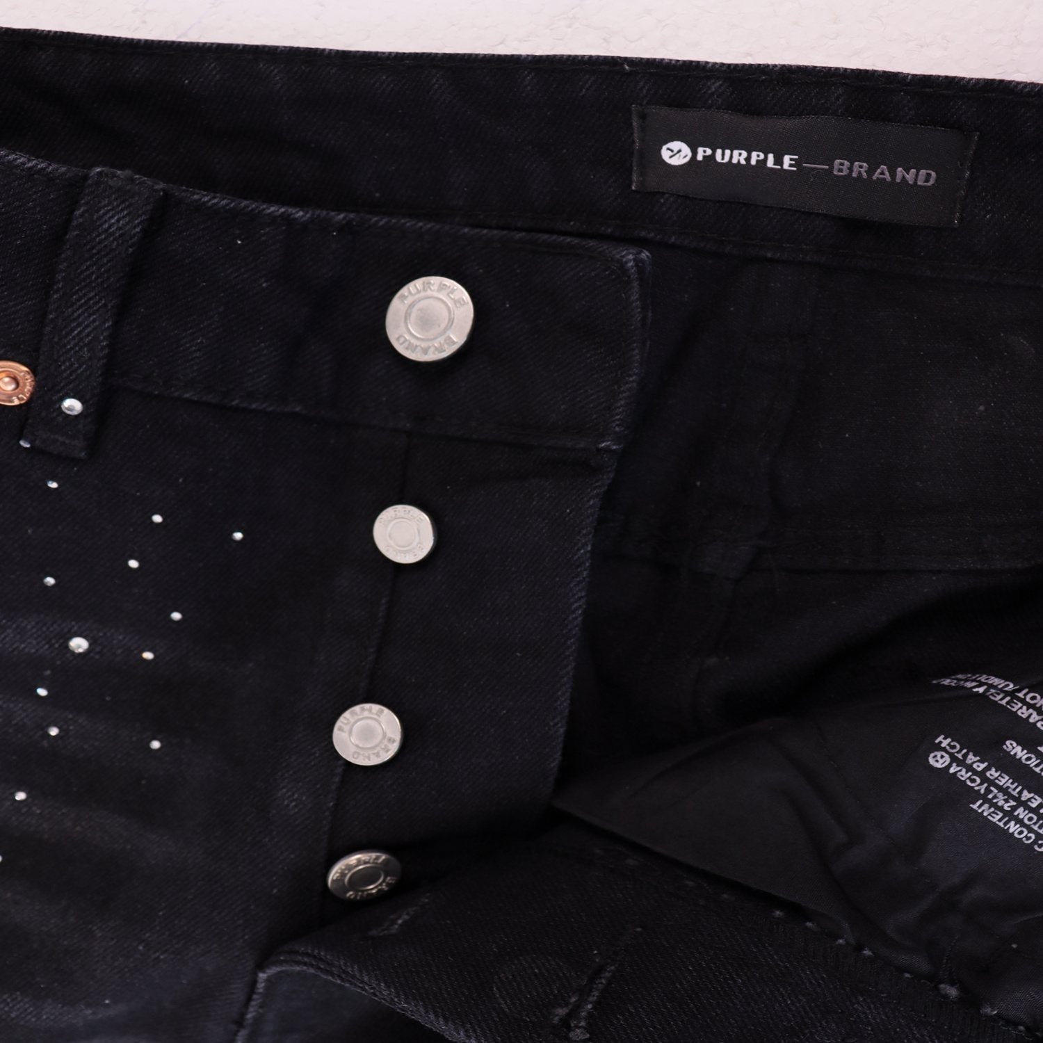 PURPLE Rhinestone Graphic Denim Shorts — neck_label