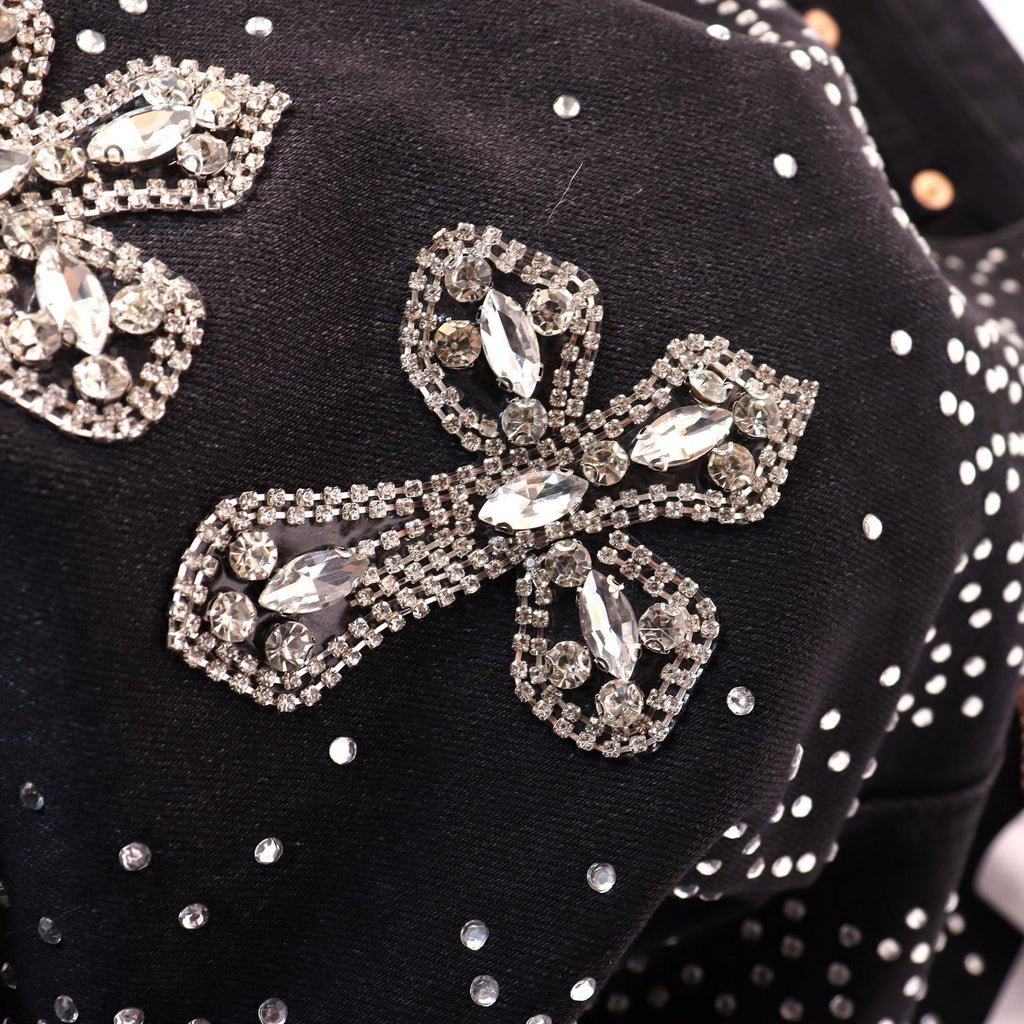 PURPLE Rhinestone Bow Cross Denim Shorts — detail