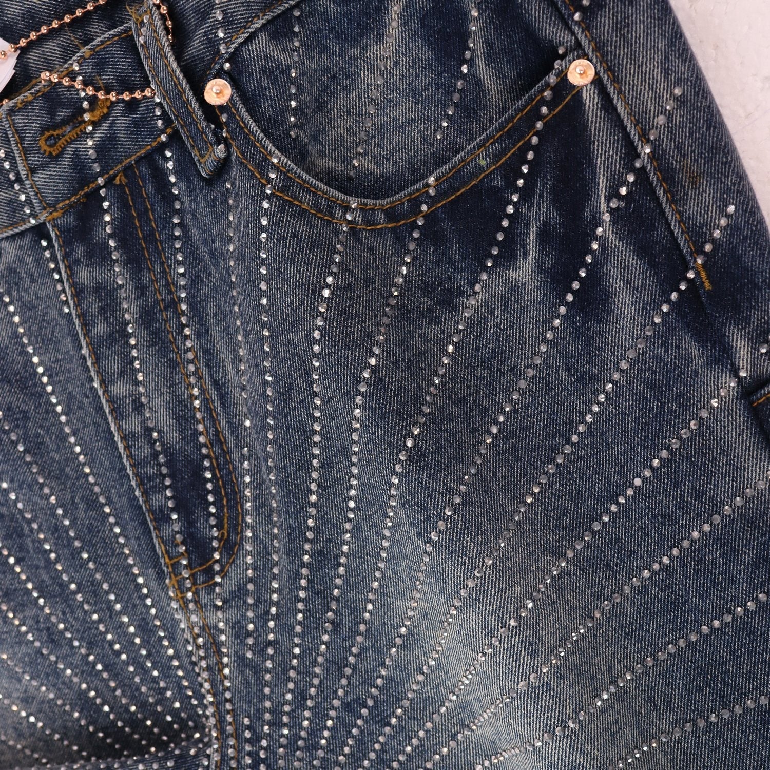 PURPLE Rhinestone Washed Denim Shorts — detail