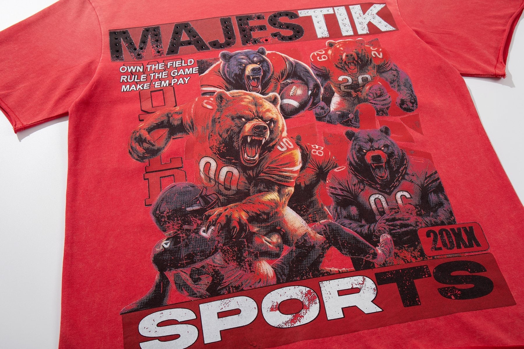 MAJESTIK Red Rhinestone Sports Graphic T-Shirt — detail
