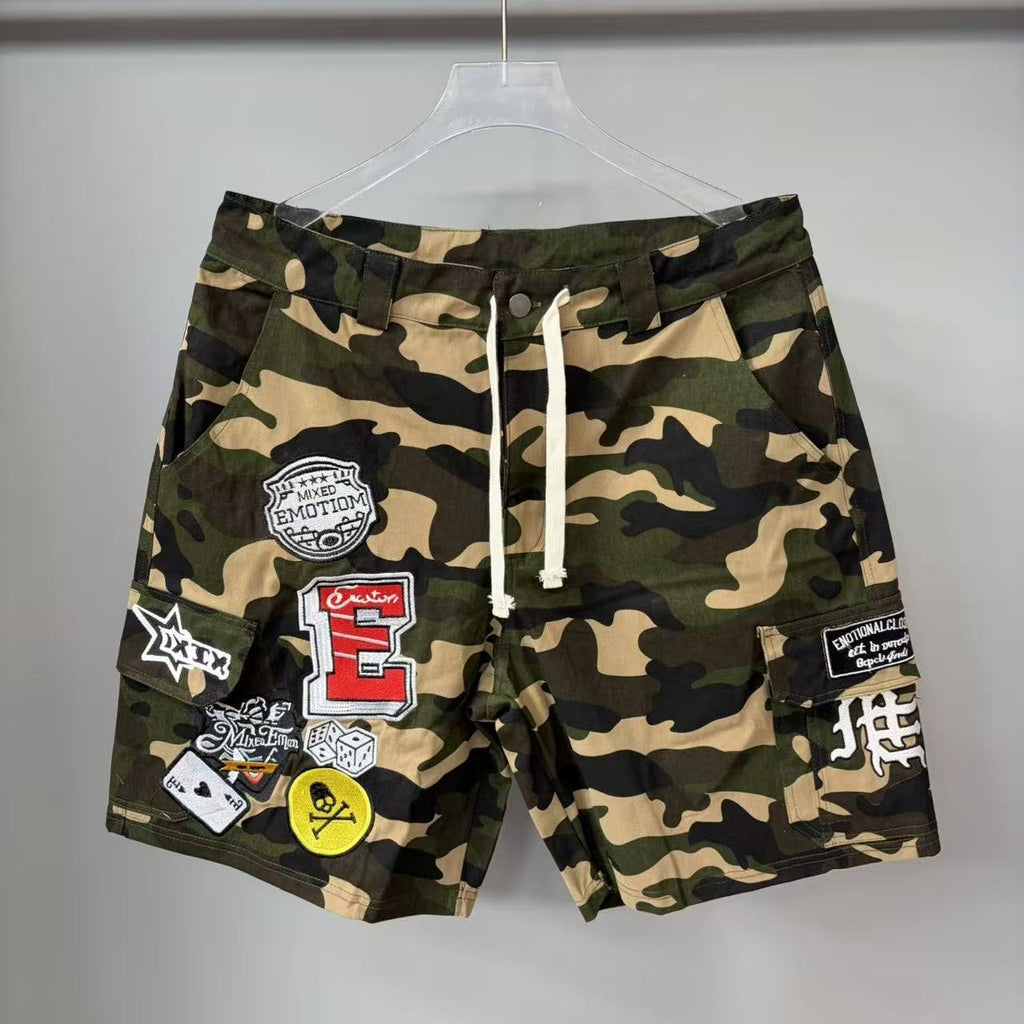 MIXED EMOTION Green Camouflage Embroidered Cargo Shorts — hero