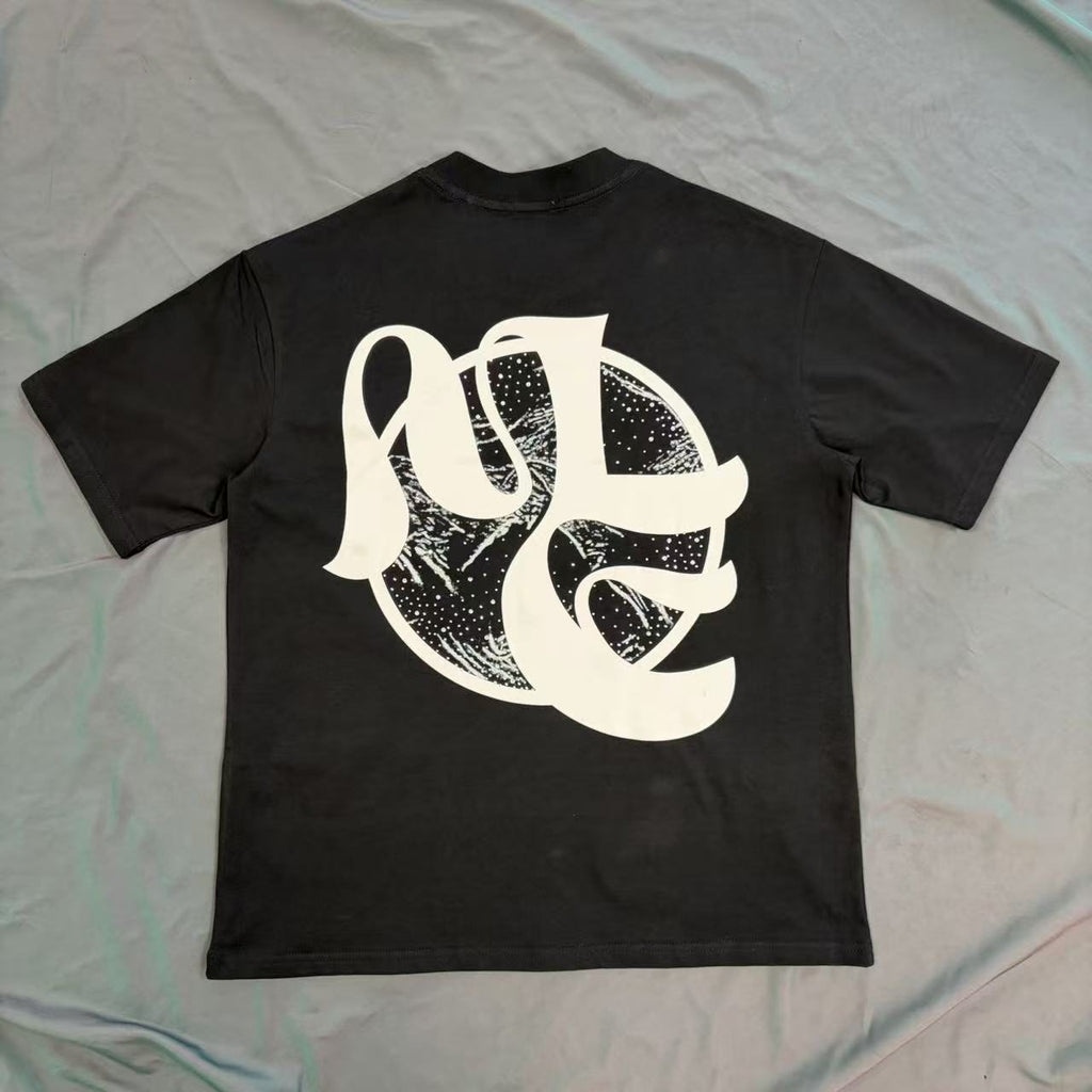 Black Abstract White Wordmark Graphic T-Shirt — front