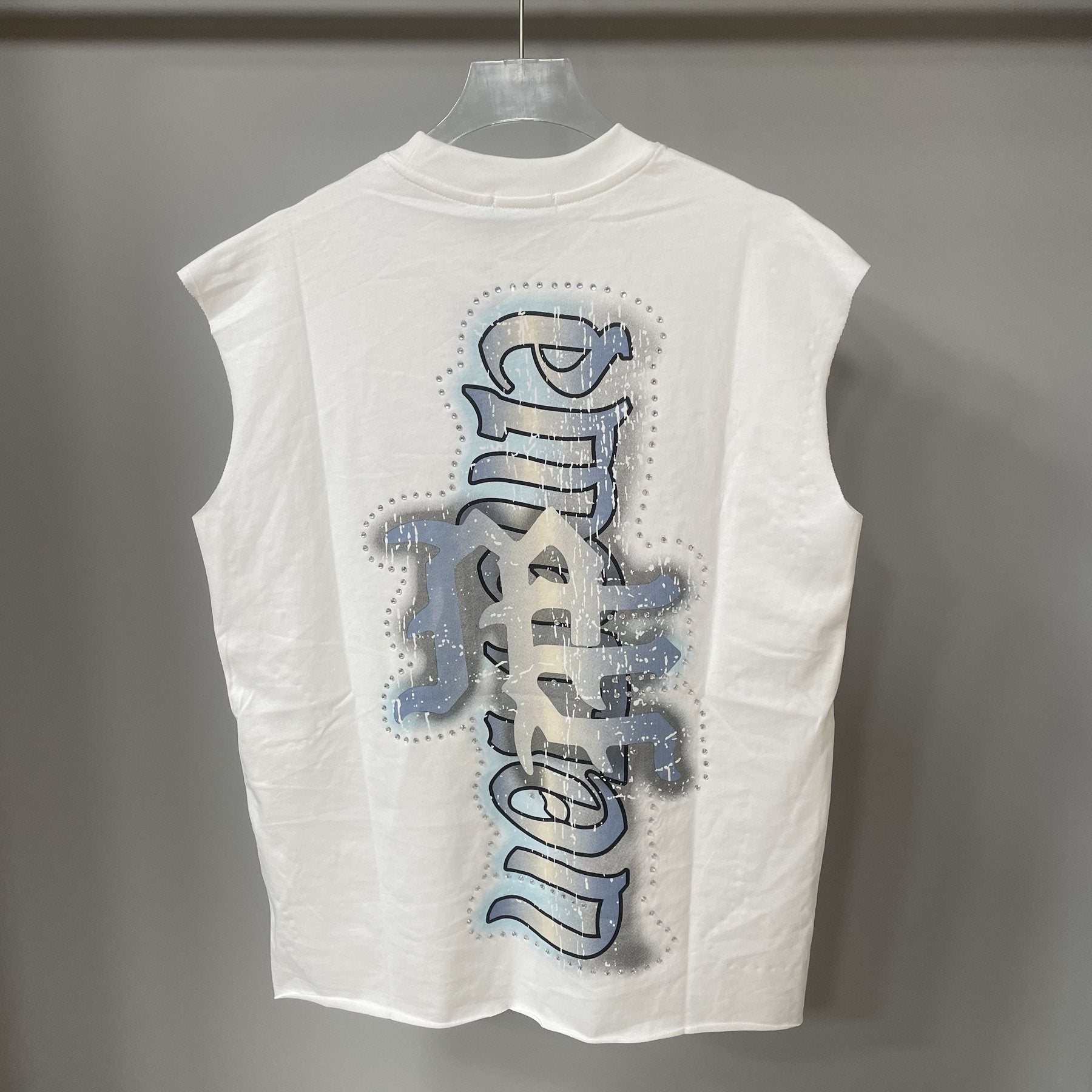 MIXED EMOTION White Vertical Wordmark Sleeveless Graphic Top — back