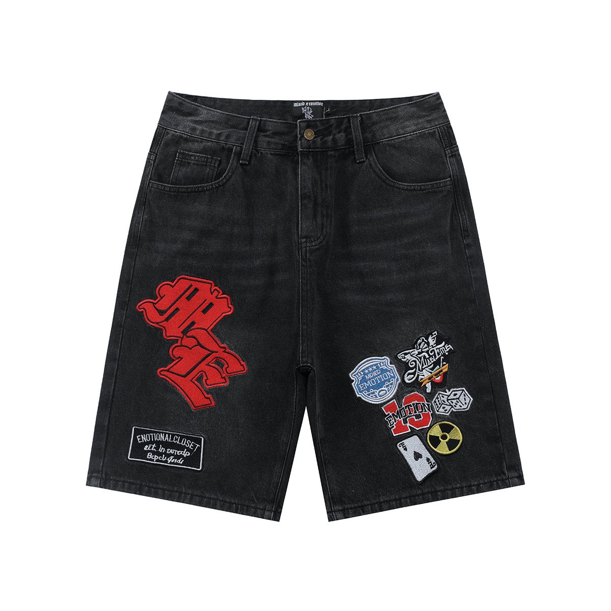 Charcoal Gray Red Gothic Collage Denim Shorts — front