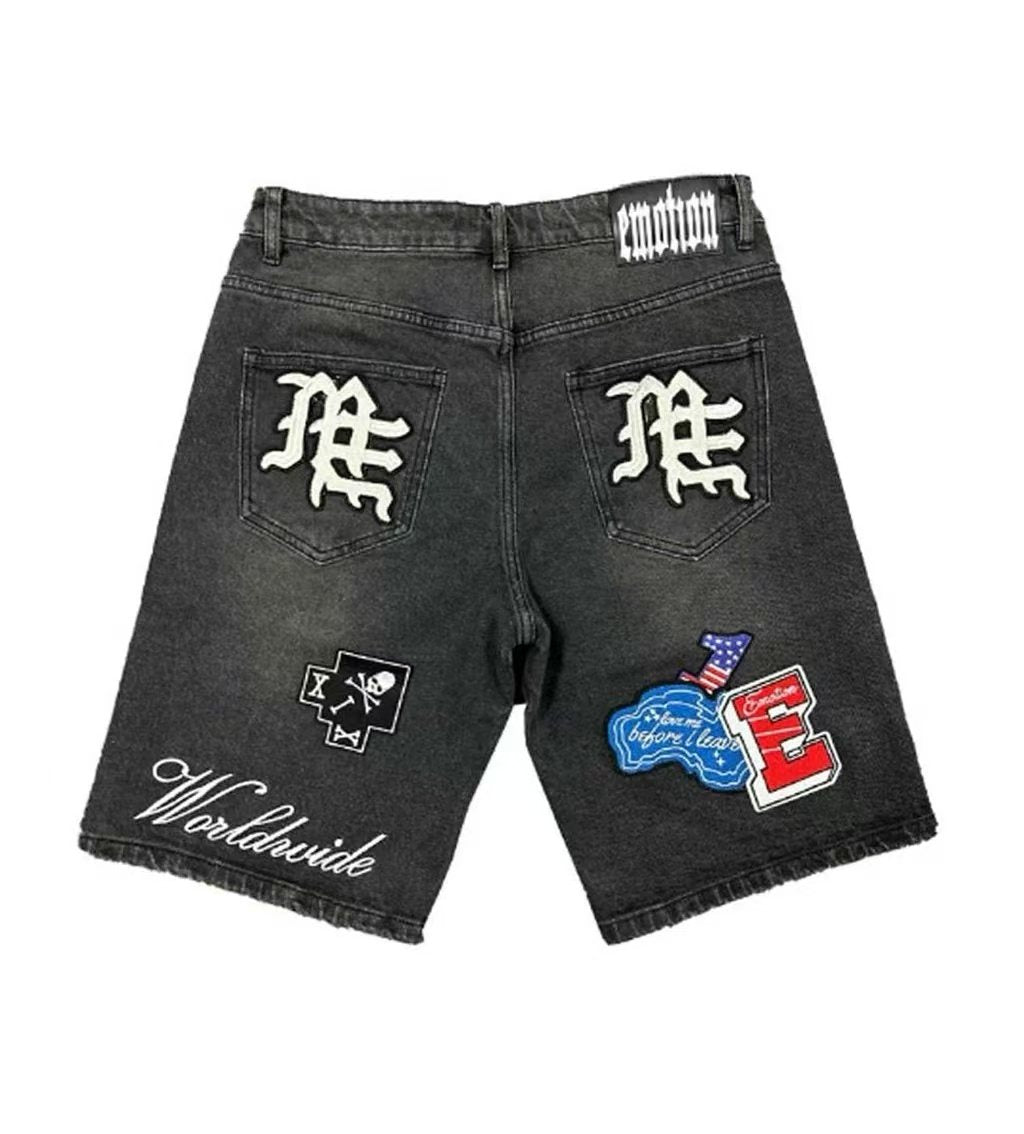 Charcoal Gray Red Gothic Collage Denim Shorts — front
