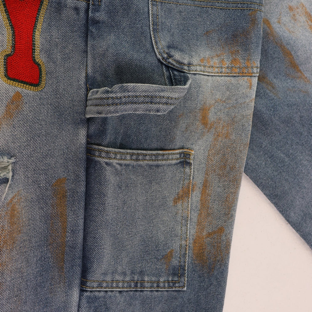 VALLEY Distressed Appliqué Cargo Jeans — detail