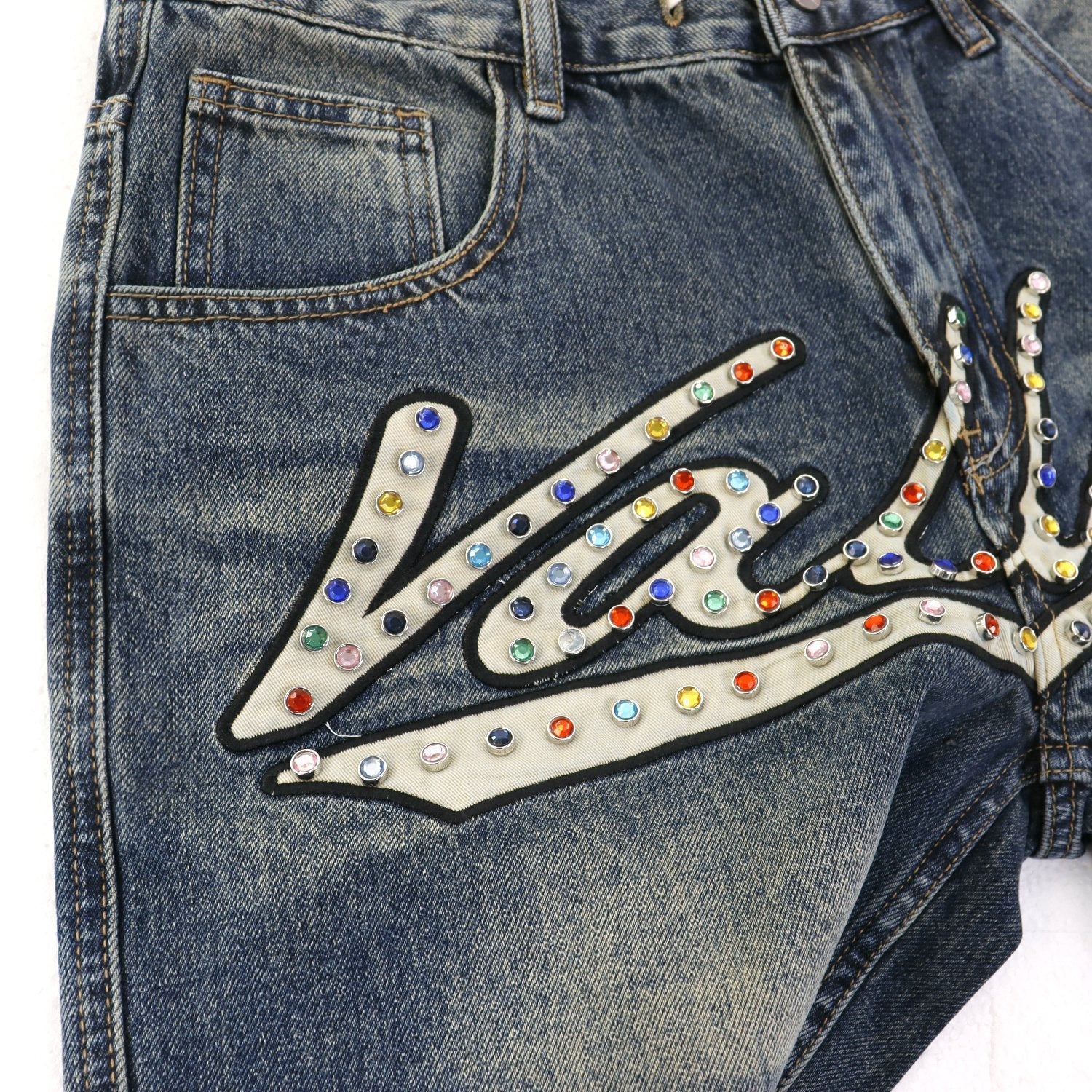 VALE Skittle Graphic Washed Denim Shorts — detail