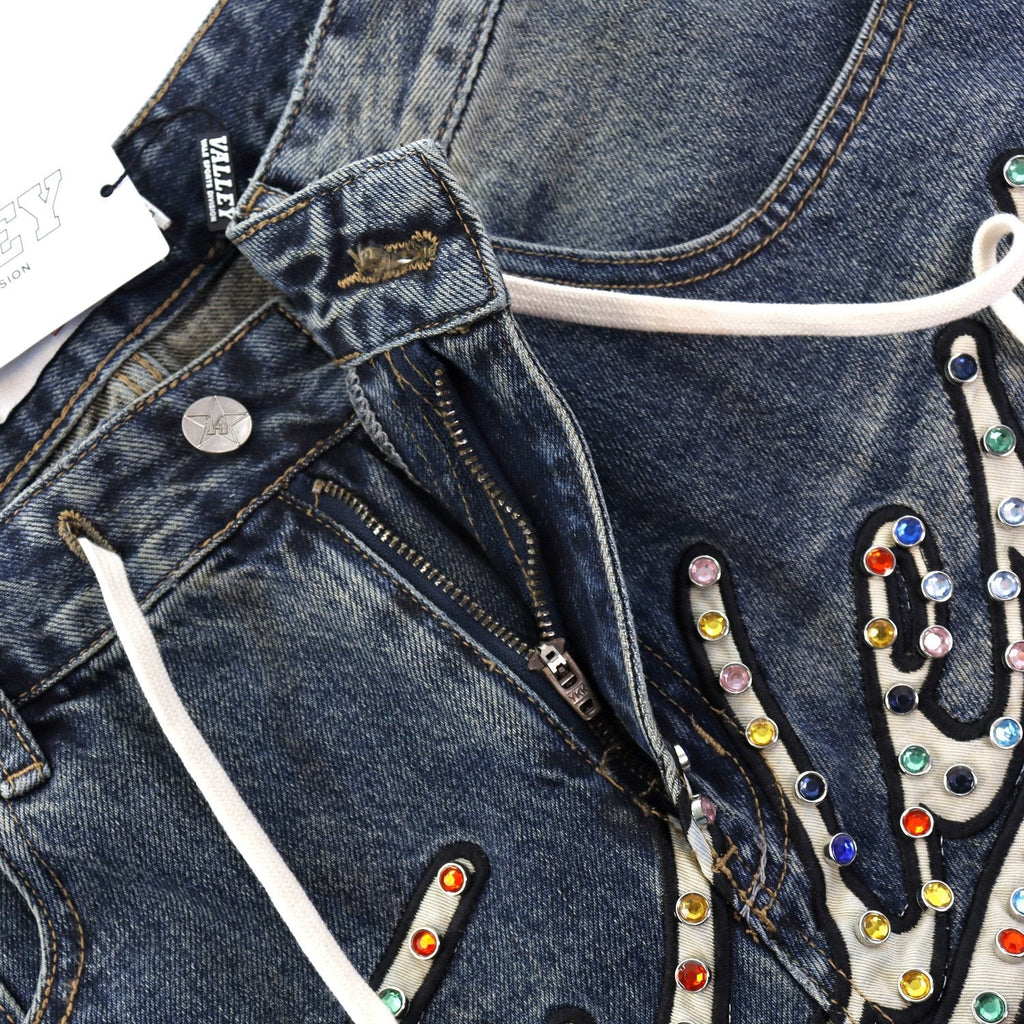 VALE Skittle Graphic Washed Denim Shorts — detail