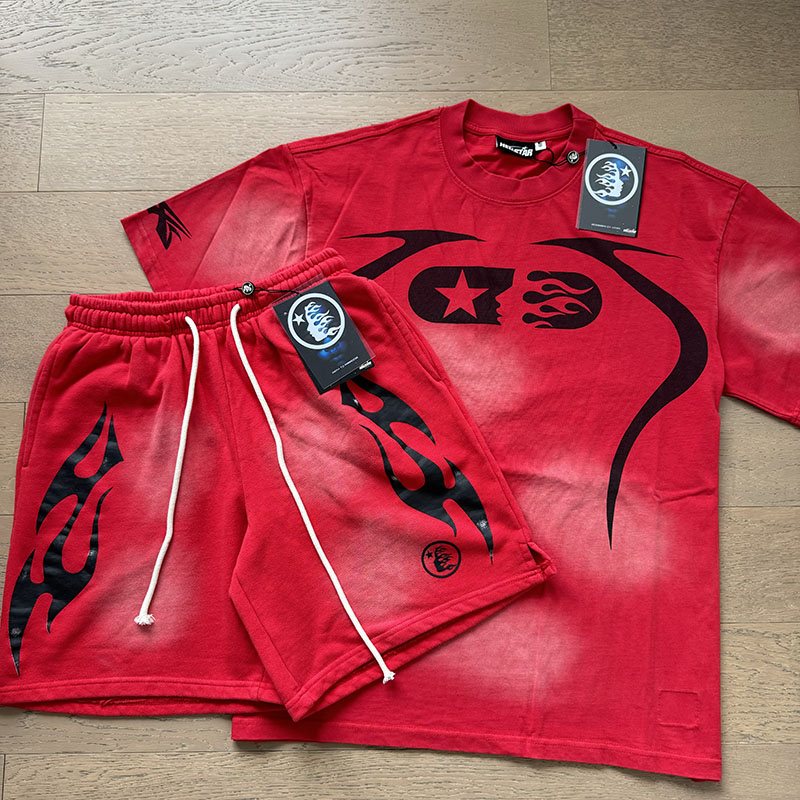 Hellstar Abstract Eye Flame T-Shirt and Shorts Set - Red — front