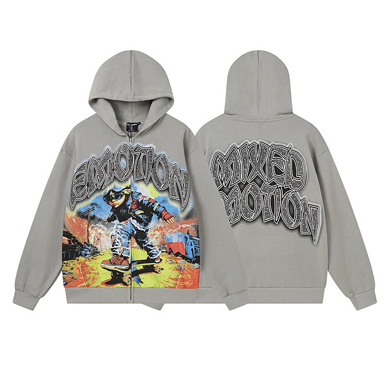 MIXED EMOTION Skateboard Graphic Zip Hoodie - Gray — hero