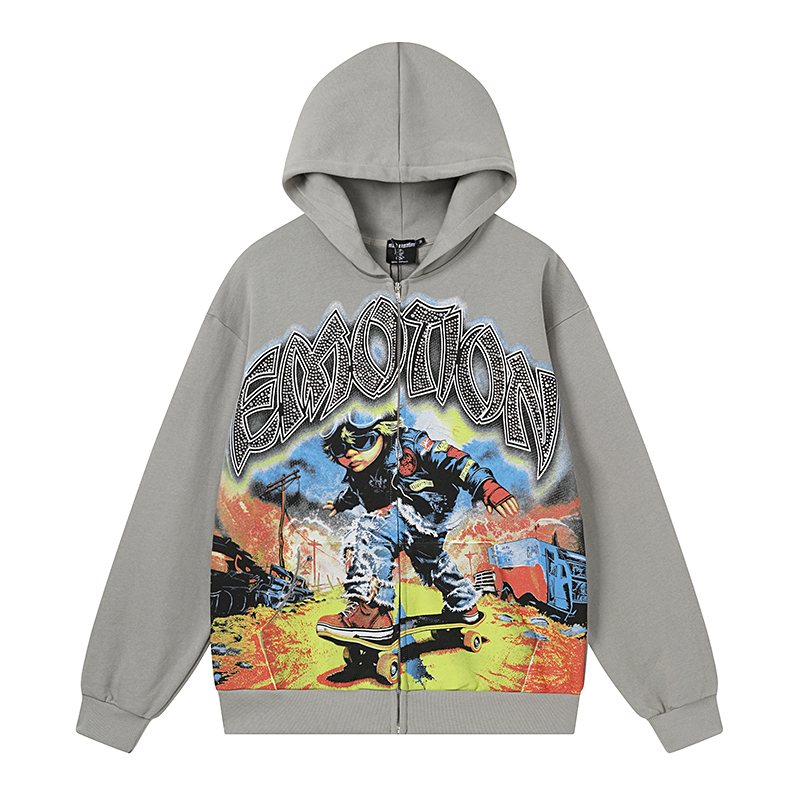 MIXED EMOTION Skateboard Graphic Zip Hoodie - Gray — front