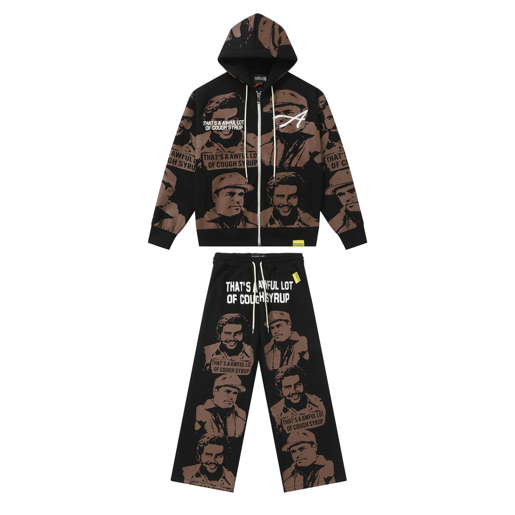 That's A Awful Lot Of Cough Syrup Portrait Graphic Zip Hoodie & Sweatpants Set - Black — front