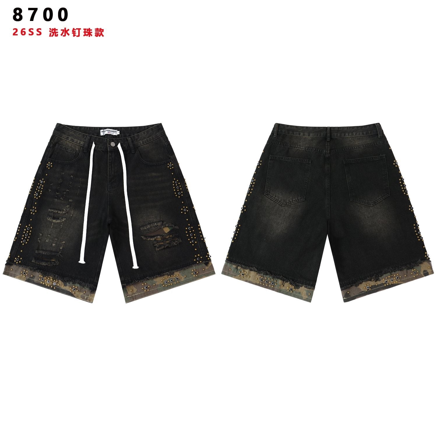 VALLEY Studded Distressed Washed Denim Shorts — hero